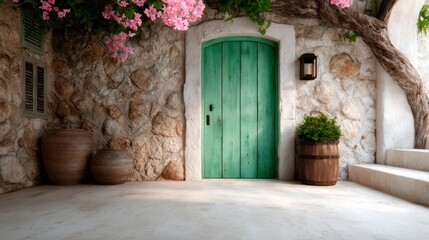 A quaint entrance of a stone house featuring a vibrant green door surrounded by blooming flowers, inviting you into a beautiful and serene atmosphere of rustic living.