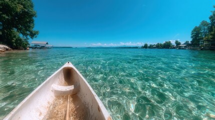 A scenic view of a clear blue lake under a bright sunny sky, featuring a canoe drifting peacefully, embodying relaxation and adventure in nature's embrace.