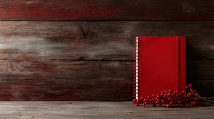 An inviting red spiral notebook displayed on a rustic wooden surface, creating an atmospheric and warm setting ideal for creativity, organization, or personal reflection.