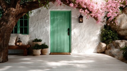 A picturesque entrance featuring a vibrant green door under a blooming tree canopy, inviting viewers into an enchanting and tranquil garden atmosphere full of beauty.