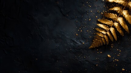 An elegant golden fern leaf highlighted against a dark textured background, creating a striking contrast symbolizing beauty and resilience in nature's artistry.