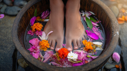 Person's feet are in a bowl of water with flowers