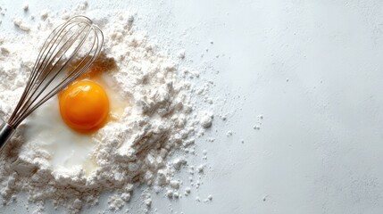 A bright raw egg nestled in a mound of flour, ideal for baking, showcases the essential ingredients of culinary creativity and the beauty of simple baking tasks.