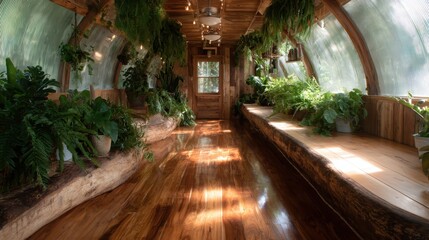 An inviting indoor greenhouse filled with lush plants and warm wooden tones creates a serene environment, blending nature's beauty with cozy, rustic decor for relaxation.