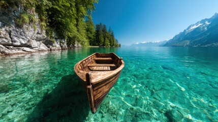 A rustic wooden boat gracefully floats on crystal-clear water, showcasing the beauty of nature and adventure, inviting exploration of serene lakes and stunning landscapes.
