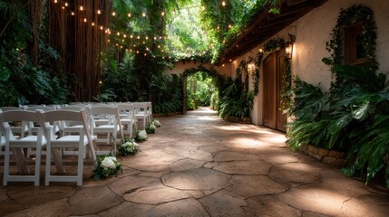 A stunning pathway adorned with green foliage leads to a charming ceremonial space, creating a magical ambiance for gatherings and celebrations amidst nature's beauty.