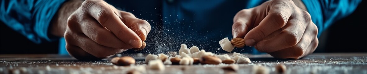 Extreme Close-Up of Male Hands Breaking White Rocks and Brown Nuts on Table