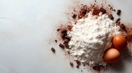 An artistic arrangement of essential baking ingredients like flour, eggs, and chocolate chunks on a light textured surface, creating a perfect setting for cake making.