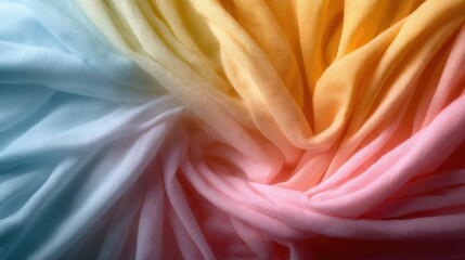 A stunning view of colorful draped fabric showcasing a beautiful blend of pastel shades, creating an artistic and serene visual delight for fashion and design enthusiasts.