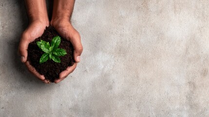 This powerful image shows hands holding rich soil with a small green plant emerging, symbolizing growth, nurturing, and the vital connection between humans and nature.