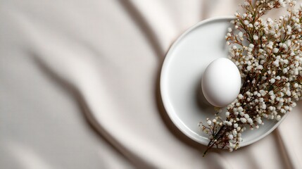 An aesthetically pleasing image of a white egg placed on a plate, surrounded by delicate flowers, evoking themes of purity, new beginnings, and elegant simplicity.