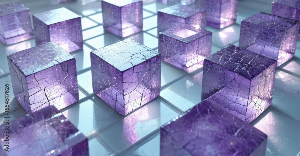 Poster Purple cubes rest upon reflective surface. Cracks visible within translucent blocks. Lighting creates dramatic shadows, depth.