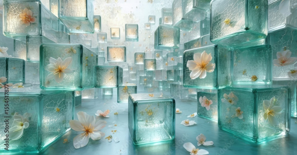 Aufkleber Abstract space filled with translucent cubes. Delicate flowers float within, creating serene, ethereal atmosphere. Light plays across surfaces.