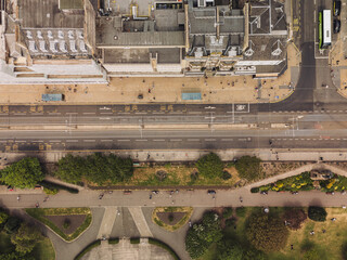 Edinburgh Scotland: 18th May 2025: Drone view of Princes Street in Edinburgh showcasing city life...