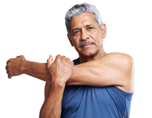Elderly Man Doing Light Arm Stretches in Activewear, isolated on a transparent background