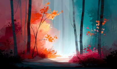 The soft glow of sunlight filtering through the trees illuminates a serene forest path in autumn, where a blanket of fallen leaves creates a warm and welcoming scene
