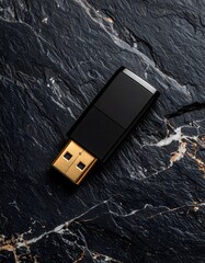 Contemporary flat lay of usb device on black surface with glossy finish and reflective glow