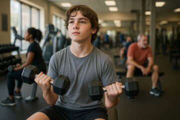 Determined teenager improving fitness by lifting weights, focused on building strength and achieving fitness goals