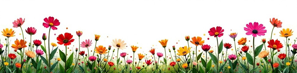 Brightly colored wildflowers against a stark white background with subtle shadows, blooms, garden