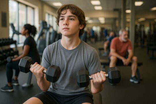 Determined teenager improving fitness by lifting weights, focused on building strength and achieving fitness goals