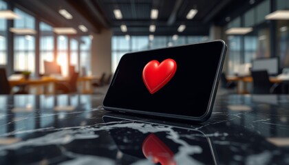 검은색 테이블 위에 놓인 스마트폰 화면에 붉은 하트 아이콘이 떠오르는 모습. 사랑, 좋아요, 소통, 디지털 트렌드를 상징하는 이미지입니다.