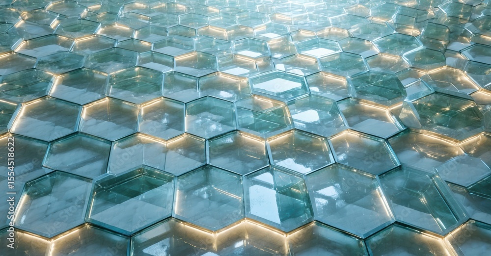 Poster hexagonal tiles create illuminated floor pattern. blue hues dominate, offering modern aesthetic. lig