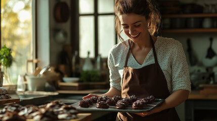 Smiling woman holding tray of chocolate pastries in cozy kitchen