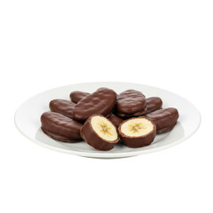 A plate of chocolate-covered banana treats arranged elegantly, showcasing their texture and color