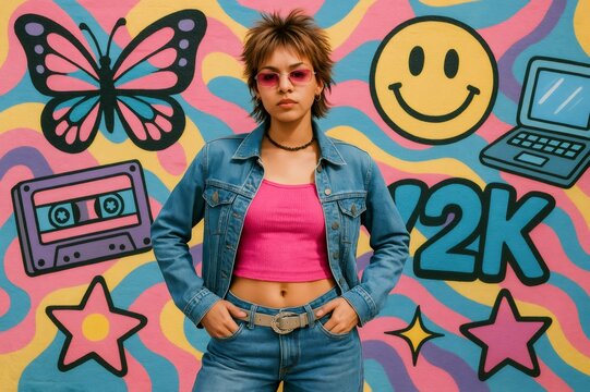 Young woman wearing pink top and denim jacket posing in front of colorful y2k inspired mural with butterfly, smiley face, laptop and cassette tape