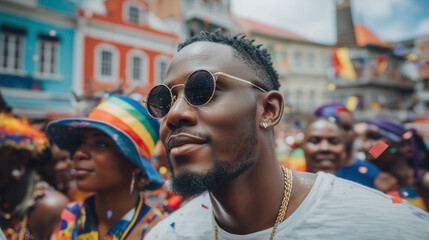 Obraz premium Man in Sunglasses Surrounded by Colorful Crowd During Daytime Saint Lucia Festival Street Celebration