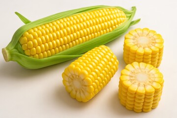 Fresh corn on the cob and cut sections present a vibrant yellow feast, embodying summer's bounty and healthy eating against a bright neutral backdrop.