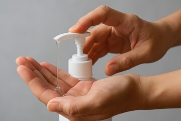 Gentle hands dispensing clear liquid soap represent hygiene, healthcare, and personal care essential for wellness in a minimalist white and gray setting.