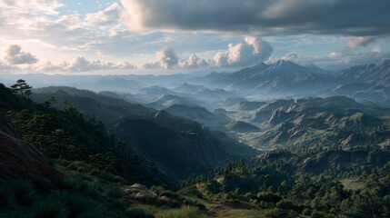 Obraz premium Misty mountain valley at sunrise