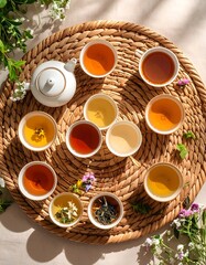 Beautiful wicker basket filled with herbal teas and vibrant flowers on a natural surface