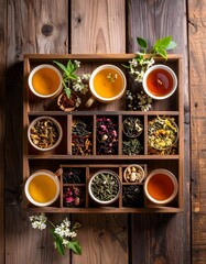 Inviting tray of assorted teas and elegant cups displayed on a rustic wooden background