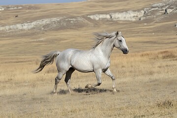 Fototapeta premium Caspian horse trotting across dry terrain