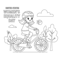 Cartoon girl riding bicycle celebrating united states women s equality day isolated on transparent background
