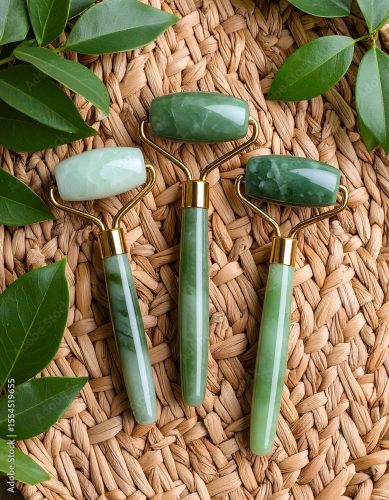 Poster fresh flat lay of green items on table with rattan background and cool ambient softness