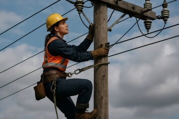 Lineworker climbing a wooden utility pole, performing maintenance on electrical wires, ensuring a stable power supply