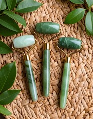 Fresh flat lay of green items on table with rattan background and cool ambient softness
