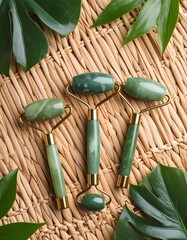 Fresh flat lay of green jade stone candle holder on rattan background with ambient softness