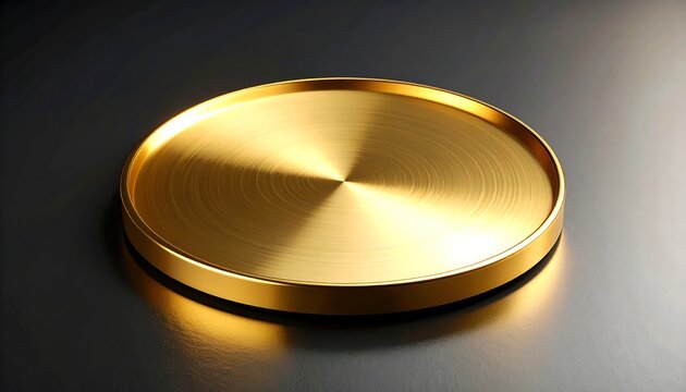 A minimalist gold plate with a smooth, brushed finish is highlighted by a bright spot light source.