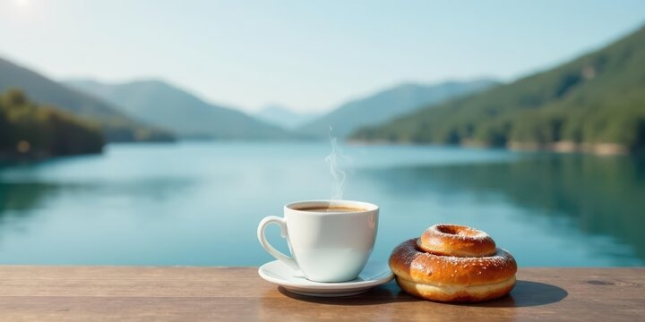 Serene Lakeside Morning A steaming cup of coffee and a sweet pastry enjoyed on a wooden table overlooking a tranquil lake and majestic mountains.