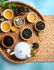 Fresh flat lay of tray with tea and tea cups on woven background with oceanic soft hues