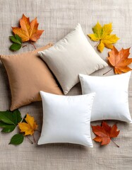Fresh flat lay of meditation cushions and autumn leaves on a canvas background with natural hues