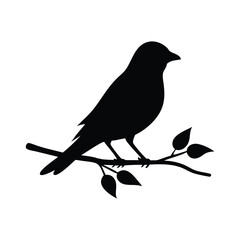 Small bird perching on a tree silhouette vector icon.