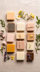 Fresh organic soaps and colorful flowers arranged beautifully on canvas background