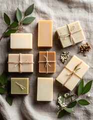 Fresh flat lay of organic soaps and soap bars on a canvas background with dusky hues and textures
