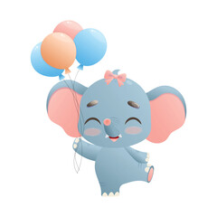 Illustration of a cute elephant with balloons.
