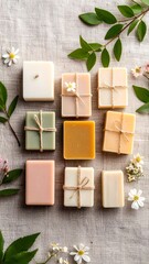 Fresh flat lay of soaps with flowers and leaves on a canvas background with vibrant hues and softness